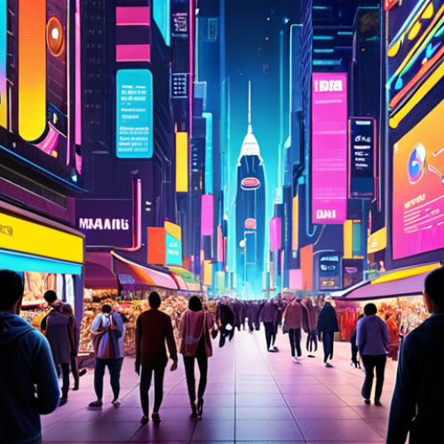 Home 16 A dynamic, bustling market scene with a digital overlay, showing vibrant data streams and AI insights, diverse people engaging with e-commerce and social media on various devices, futuristic city lights in the background, representing the rapid pulse of digitalization and emerging opportunities. High resolution, concept art, vibrant colors.