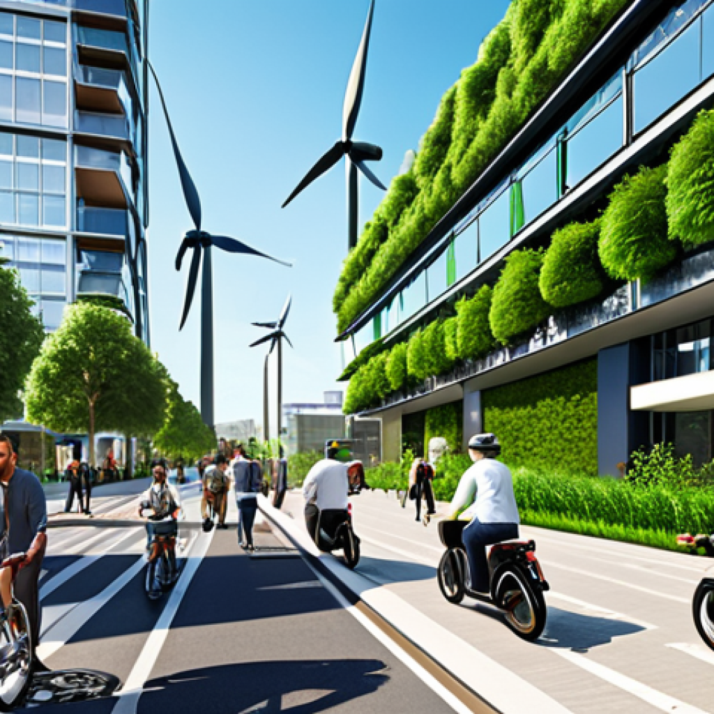 **
A vibrant, green cityscape where modern buildings seamlessly integrate with lush vertical gardens and solar panels. Show people happily interacting in pedestrian-friendly spaces, some using bicycles and electric scooters. In the background, depict wind turbines and a clean, blue sky. The overall impression is a thriving, sustainable urban environment.
**