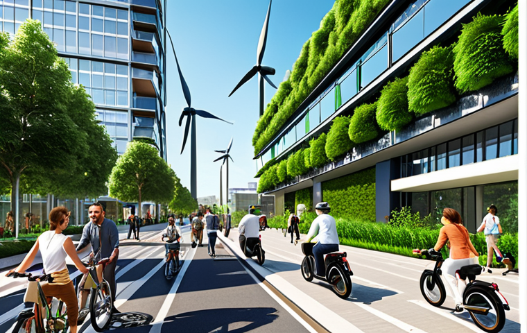 **
A vibrant, green cityscape where modern buildings seamlessly integrate with lush vertical gardens and solar panels. Show people happily interacting in pedestrian-friendly spaces, some using bicycles and electric scooters. In the background, depict wind turbines and a clean, blue sky. The overall impression is a thriving, sustainable urban environment.
**