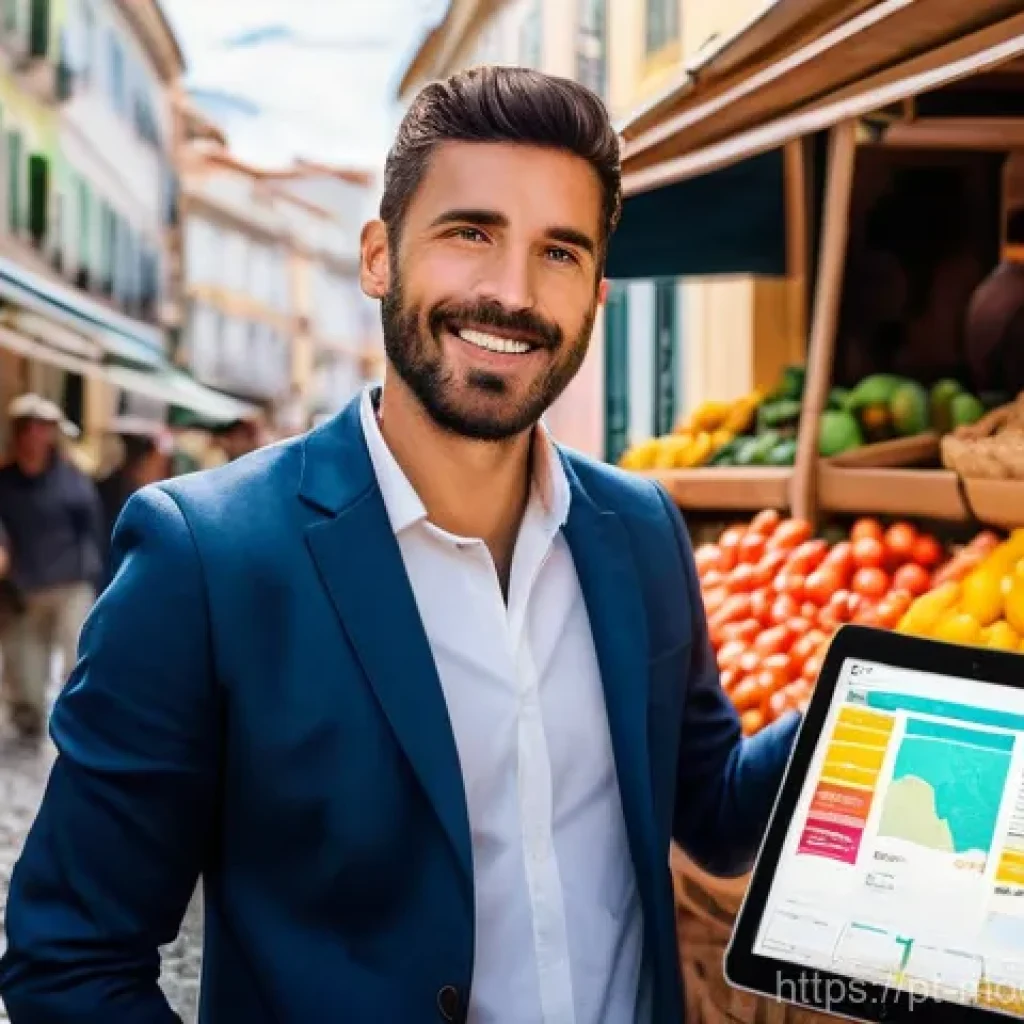 시장 기회 평가 모델과 피드백 루프 - A dynamic, full-body shot of a young, observant Portuguese entrepreneur, gender-neutral, wearing sma...
