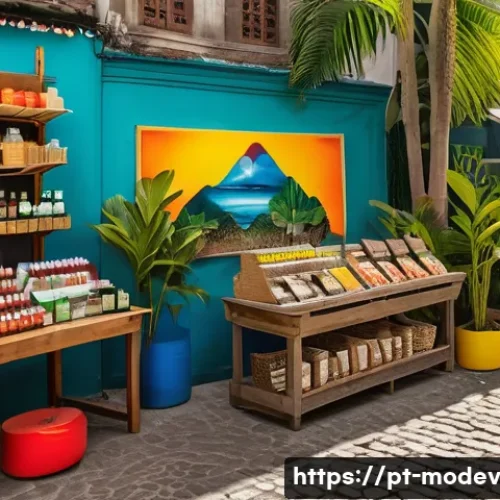 Home 27 높은 수익성을 가진 시장 기회 식별 방법 - A vibrant Brazilian marketplace scene focused on sustainable products: colorful stalls displaying ec...