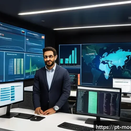 Home 13 시장 기회 평가 모델에 적합한 소프트웨어 소개 - A sleek modern office environment with a diverse team of professionals analyzing real-time market da...