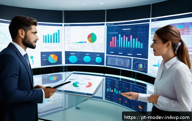 시장 기회 평가 모델과 예측 분석의 융합 - A modern corporate office scene featuring a diverse group of business professionals analyzing large ...