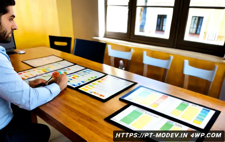 Home 17 시장 기회 평가 모델 구축 방법 - Photorealistic Portuguese business analyst in a bright Lisbon coworking office, arranging color-code...
